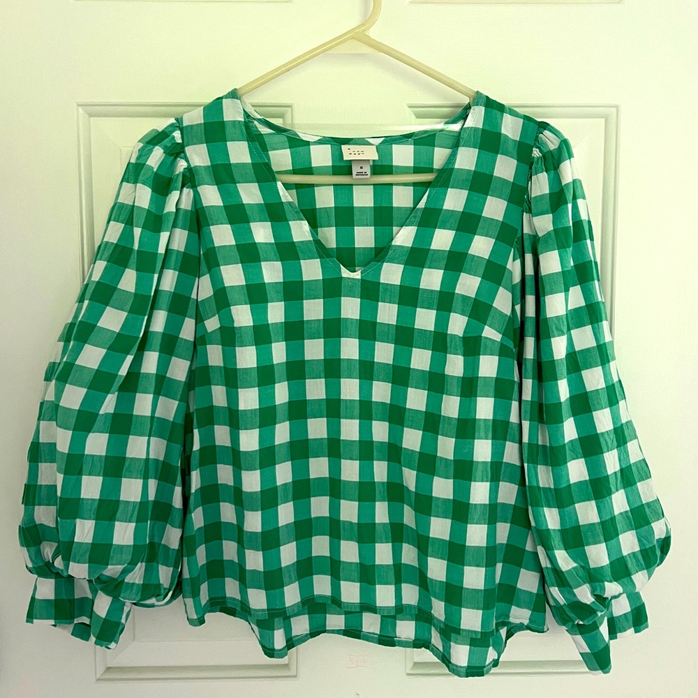 a new day Green and White Gingham Puff-Sleeve Blouse
